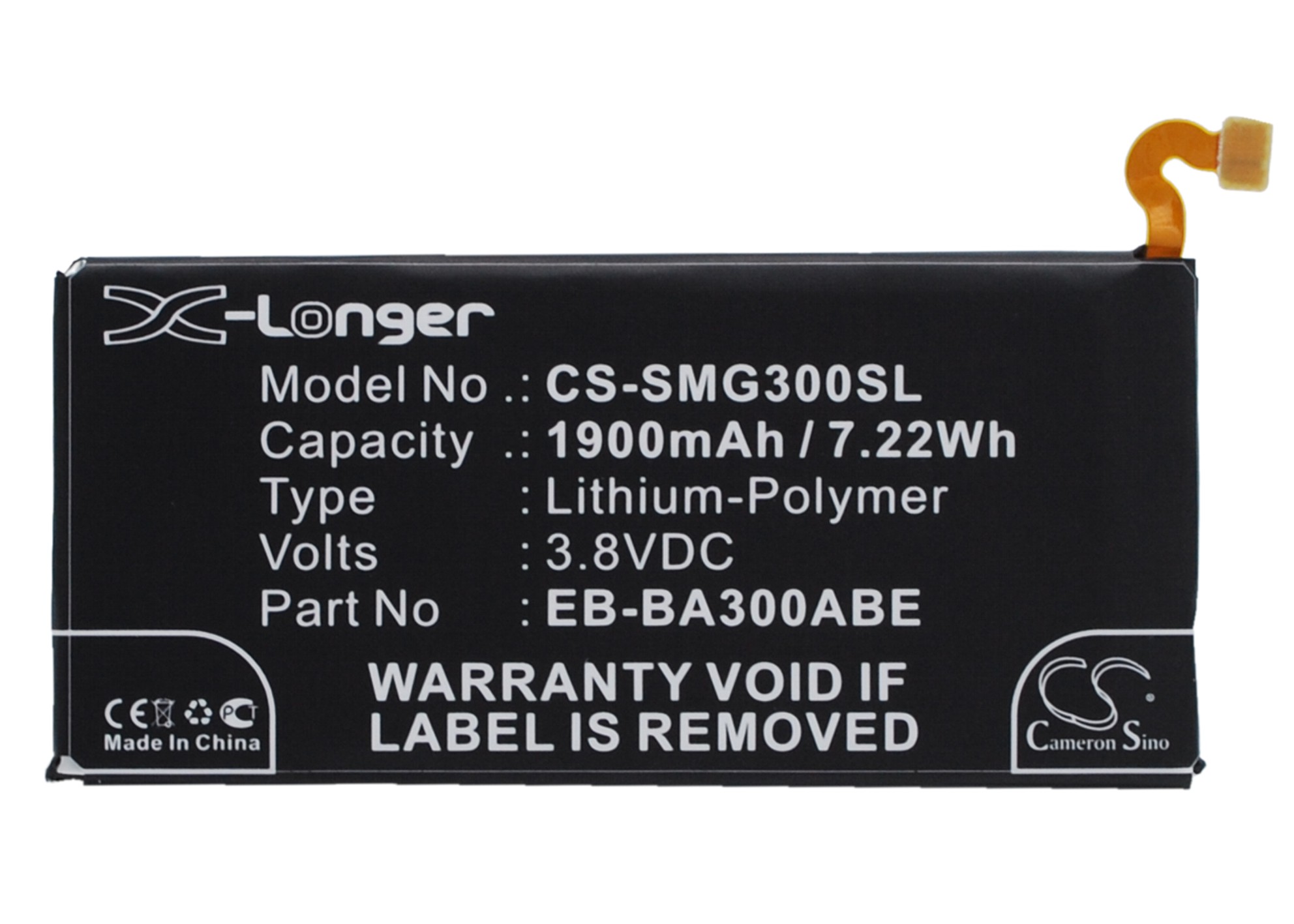 Аккумулятор CS-SMG300SL EB-BA300ABE для Samsung Galaxy A3 SM-A300F, SM-A300F/DS Duos 3.8V / 1900mAh