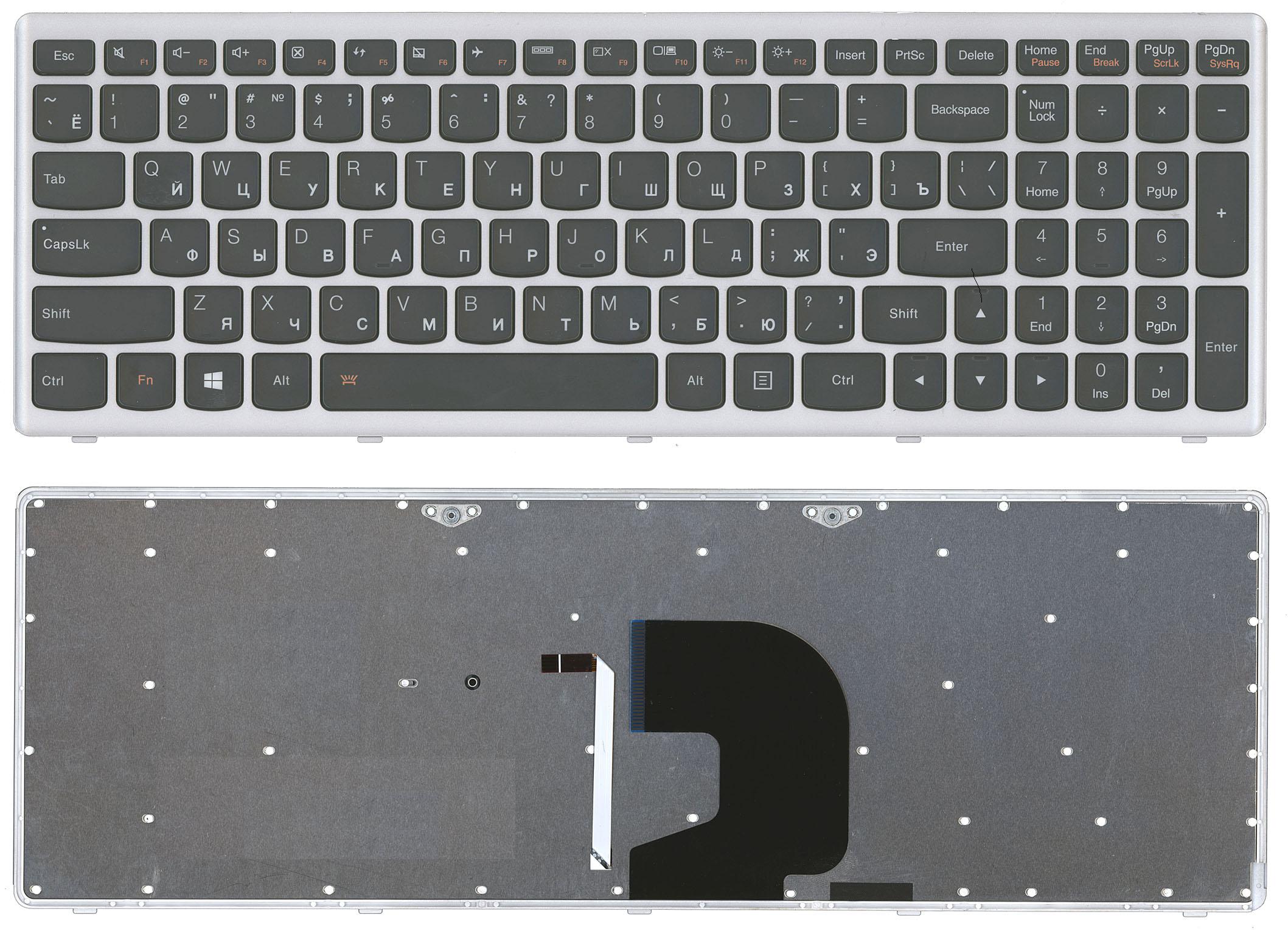 Клавиатура для ноутбука Lenovo IdeaPad Z500 черная с серой рамкой, с подсветкой