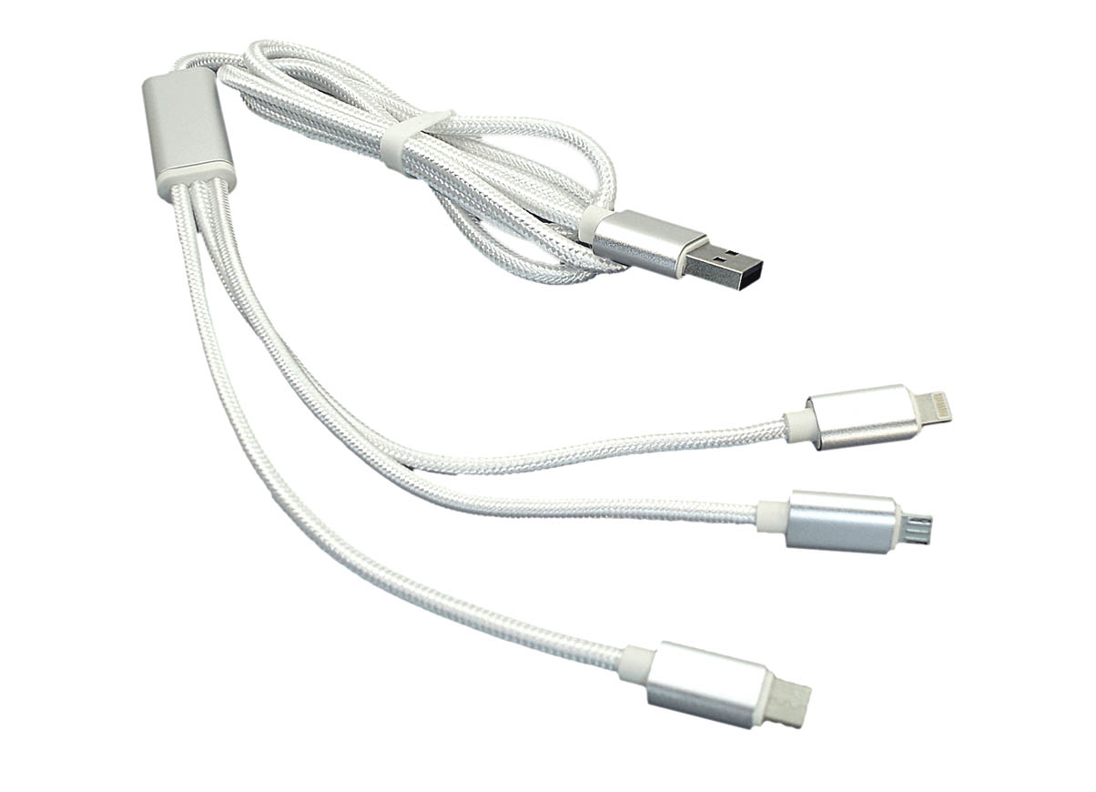 Кабель для зарядки USB (3-в-1) ( Apple Lightning 8Pin, USB Type-C, USB-Micro) ШНУРОК. 1m. Белый