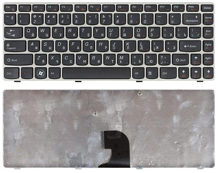 Клавиатура для ноутбука Lenovo IdeaPad Z360 черная с серебристой рамкой
