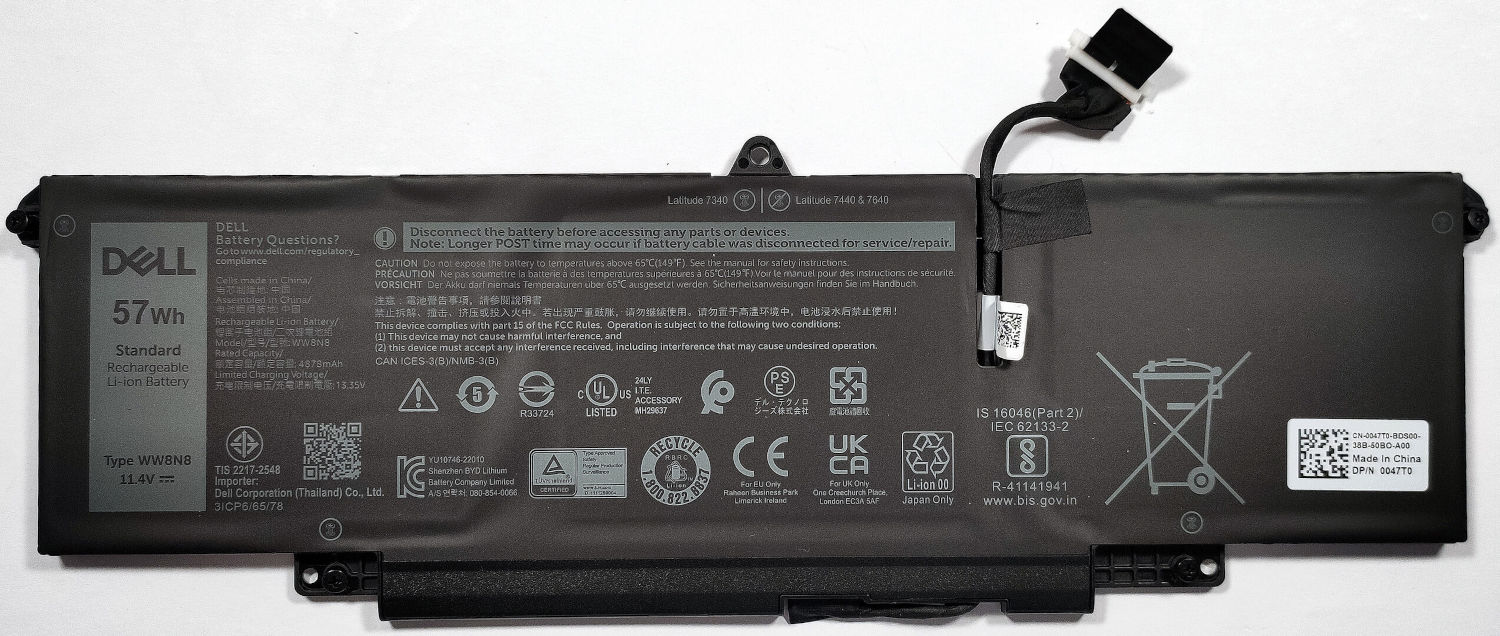 Аккумуляторная батарея для ноутбука Dell Latitude 7340 7440 7640 (WW8N8) 11.4V 57Wh