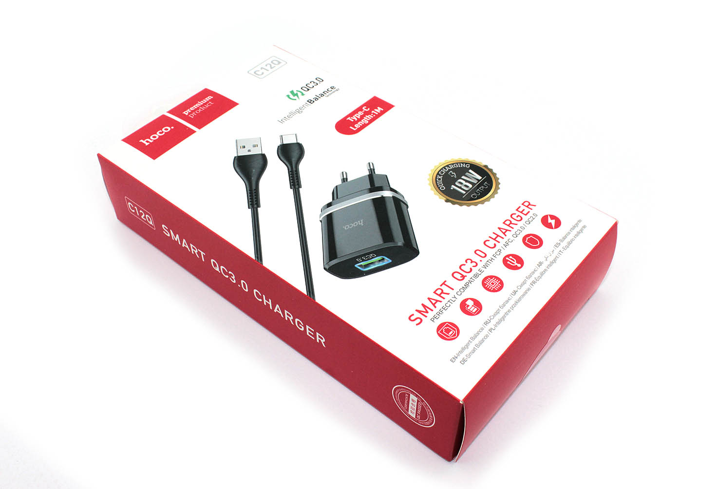 Блок питания (сетевой адаптер) HOCO С12Q Smart QC3.0, кабель Type-C-USB, 5V, 3.0A, черный