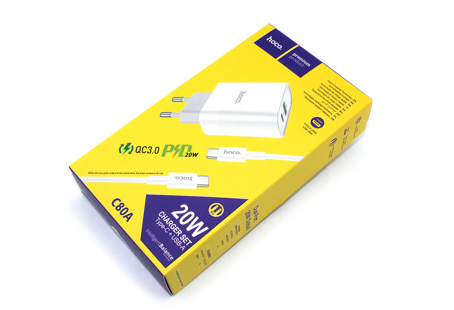Блок питания (сетевой адаптер) HOCO C80A Rapido PD+QC3.0, 20W два порта (1*USB-A, 1*Type-C), белый